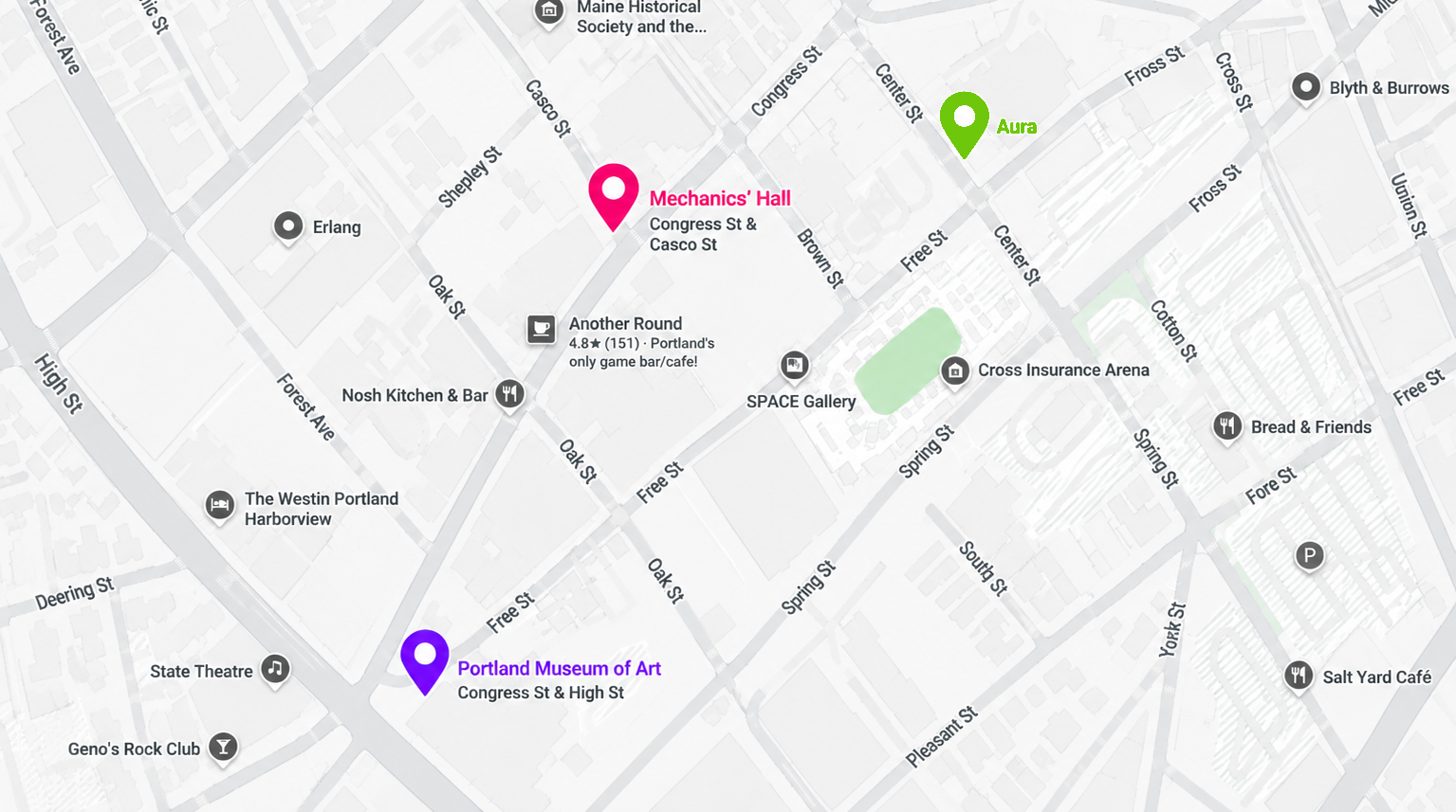 Map of downtown Portland showing AURA, Mechanics’ Hall, and the Portland Museum of Art within a few blocks of each other